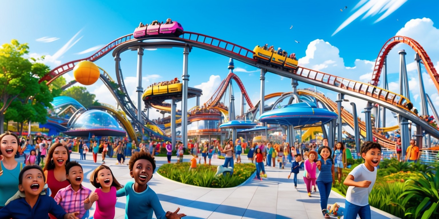 A vibrant, colorful illustration of a futuristic amusement park inspired by the video game Planet Coaster 2, set against a clear blue sky with a few wispy clouds, featuring a variety of thrill rides, gentle attractions, and iconic rollercoasters with sleek, metallic tracks and vibrant carts, surrounded by lush greenery, pedestrian walkways, and bustling crowds of people from diverse age groups and ethnicities, with excited children and adults alike, showcasing joyful facial expressions, including wide smiles and thrilled screams, amidst a sense of excitement and wonder, with detailed textures, realistic lighting, and bold, dynamic composition, incorporating the game's distinctive style and aesthetic.