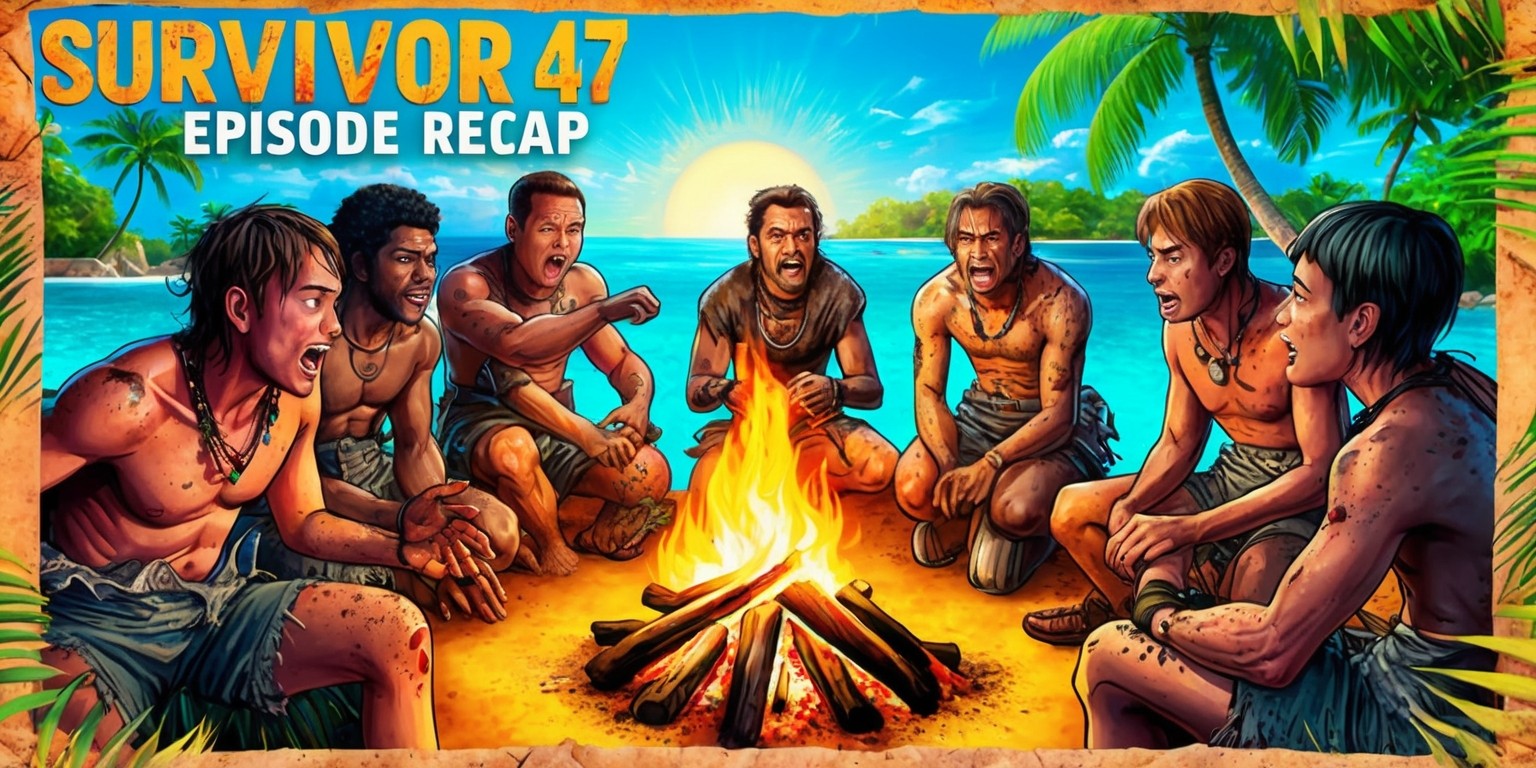 A vibrant and colorful illustration depicting a dramatic scene from Survivor 47, set against a warm and sunny tropical island backdrop with lush green palm trees and a crystal-clear turquoise ocean. In the foreground, a group of exhausted and battered contestants, with varying skin tones and hairstyles, are gathered around a fire, their faces etched with determination and fatigue, showcasing a mix of emotions ranging from excitement to despair. The contestants are dressed in ripped and tattered clothing, with some wearing buffs and immunity necklaces. The image is framed with a subtle jungle-inspired border, with the words Survivor 47 Episode Recap emblazoned across the top in bold, golden font with a rustic, distressed texture, evoking a sense of adventure and survival.