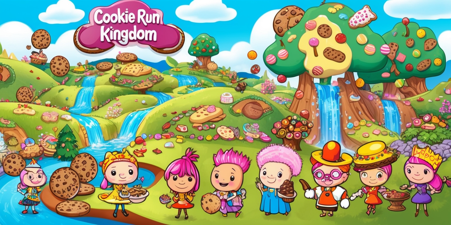 A vibrant illustration of the whimsical world of Cookie Run Kingdom, depicting a colorful landscape with rolling hills, sparkling waterfalls, and towering trees adorned with cookies and candies, set against a bright blue sky with puffy white clouds. The scene features a diverse cast of cookies, each with unique facial features, hairstyles, and accessories, such as Hollyberry Cookie with her bright pink hair and Gingerbrave Cookie with his bold, yellow hat. The cookies are engaged in various activities, like baking, gardening, or playing musical instruments, showcasing their individual personalities. The illustration style blends 2D and 3D elements, with bold lines, soft textures, and intricate details. The overall art style is reminiscent of a fantasy cartoon, with a mix of pastel and bright colors, evoking a sense of wonder and playfulness.