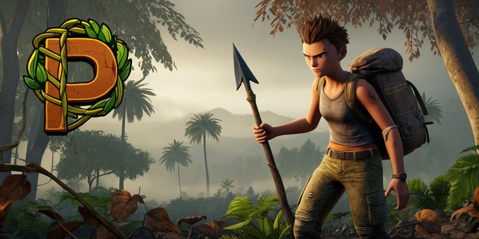 A dramatic scene from Palmon Survival game, set in a dense forest with a mix of vibrant green trees and faded brown leaves, under a misty atmosphere with a warm golden light, featuring a young adventurer with determined facial features, smooth brown skin, and short spiky hair, wearing a ripped sleeveless shirt and cargo pants, holding a large backpack and a makeshift spear, with a few scars on their arms and a look of focus on their face, in the background a few palm trees and a distant mountain range, with the game's logo, a stylized letter P made of twisted vines and leaves, in the top left corner of the image, in a bold earthy tone font.