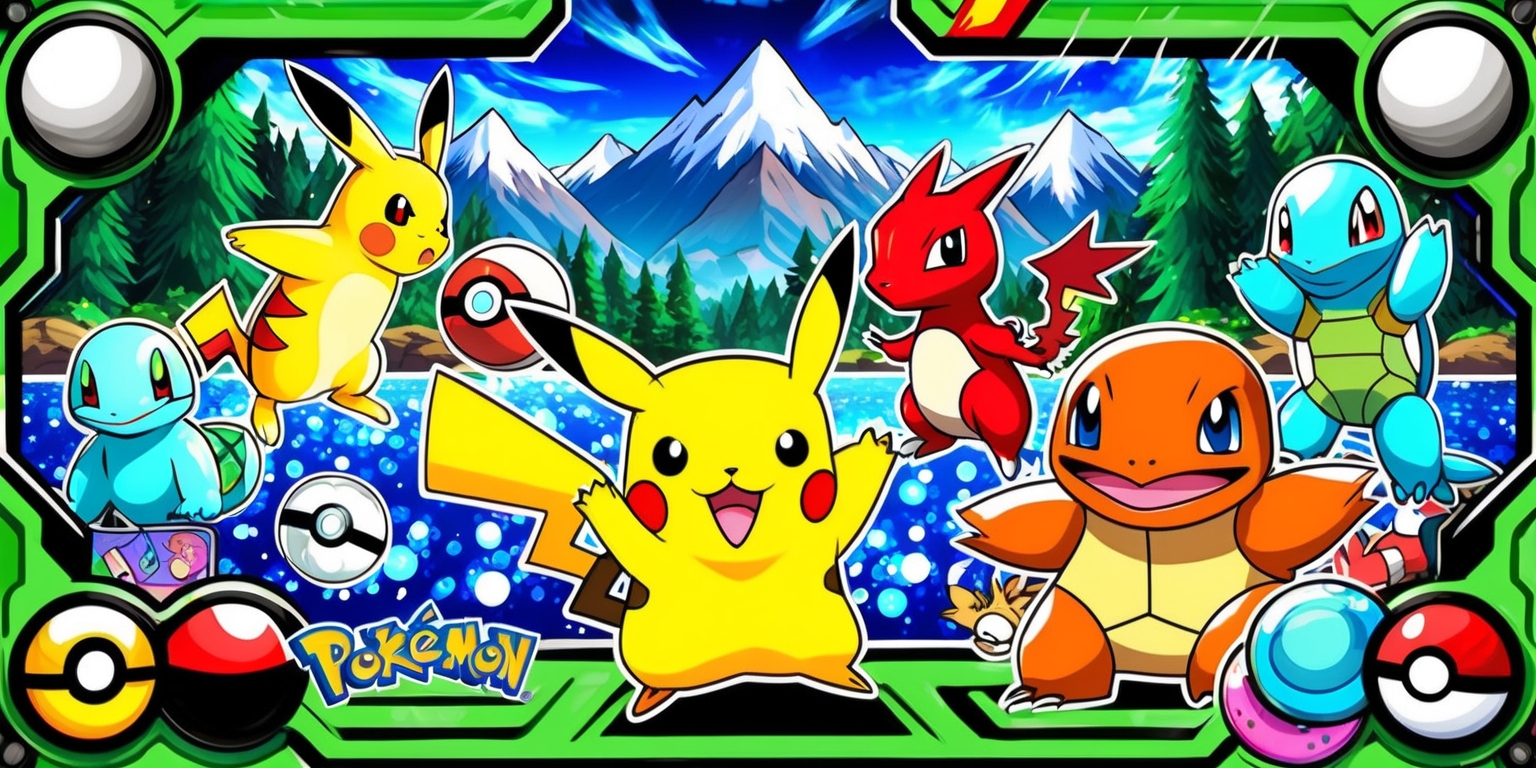 A vibrant and detailed illustration of a Pokemon game scene, featuring a variety of colorful Pokemon characters, including Pikachu, Charizard, and Squirtle, set against a stylized background of lush green forests, majestic mountains, and sparkling blue waters, with a mix of digital and hand-drawn elements, bold lines, and textures, and incorporating iconic game elements such as Poke Balls, badges, and a Nintendo-style game console, with a bright and adventurous color palette, and a dynamic composition that showcases the excitement and energy of the Pokemon universe.