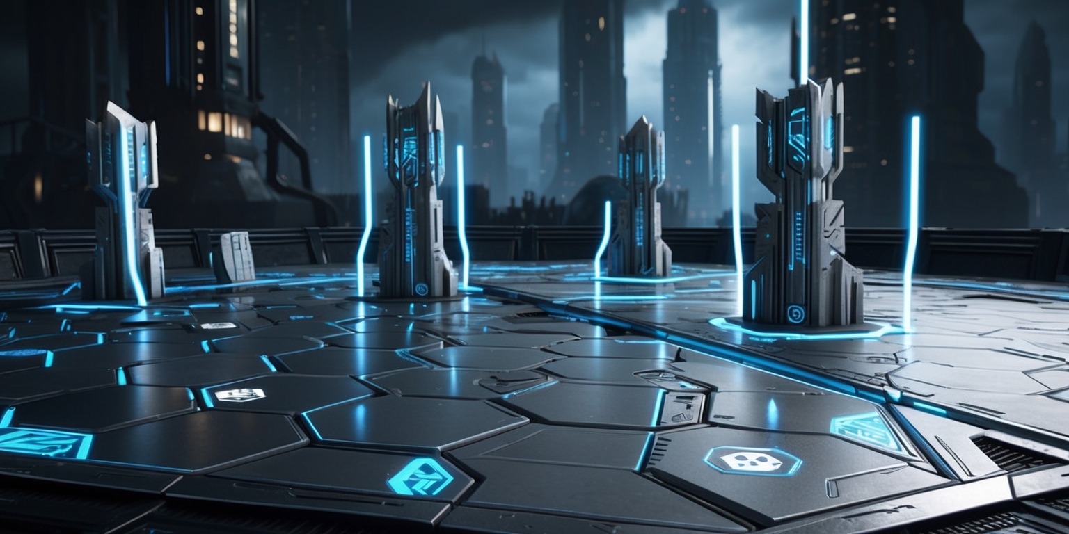 A futuristic, high-tech battlefield serves as the backdrop for a strategy-tower defense game board, with sleek, silver lines and neon blue accents, set against a dark, gritty urban nightscape, illuminated by the soft glow of towering skyscrapers in the distance. The game board's surface is divided into hexagonal tiles, each bearing a unique symbol or icon, in a metallic, 3D-like finish, with towers and obstacles rising from the board, rendered in a stylized, futuristic architectural style, with intricate details and pulsing, electric blue lights tracing the edges of the structures, as if charged with power.