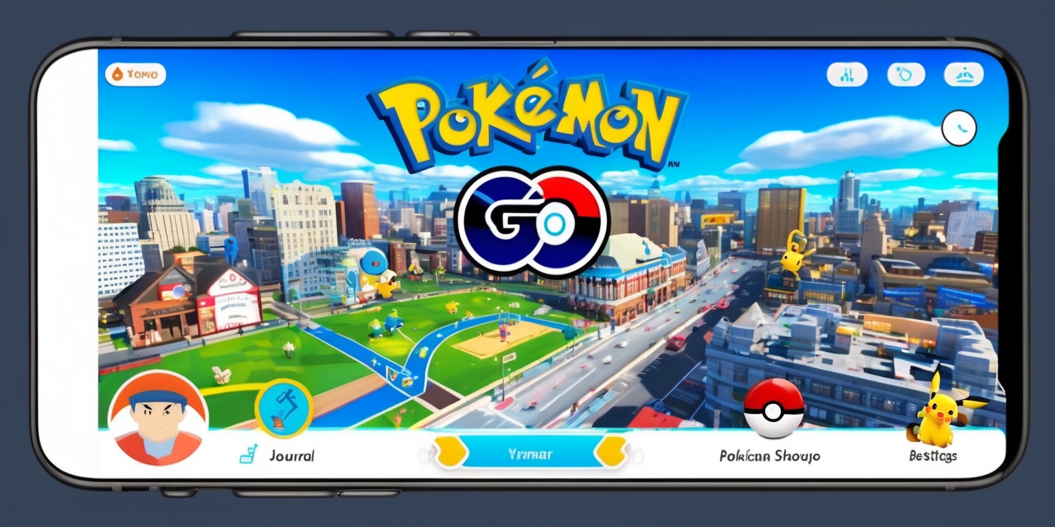 A screenshot of the Pokémon GO app on a mobile device, with a bright and colorful interface displaying a virtual map of a bustling city, complete with PokéStops and Pokémon roaming around, set against a blue sky with fluffy white clouds, the app's logo, a red and blue Poké Ball, prominent at the top of the screen, with a navigation bar below, featuring icons for the journal, Pokémon storage, and settings, and a circular avatar of the player's trainer in the bottom left corner, with a subtle gradient effect on the buttons and menus, giving the overall design a fun, modern, and inviting feel.