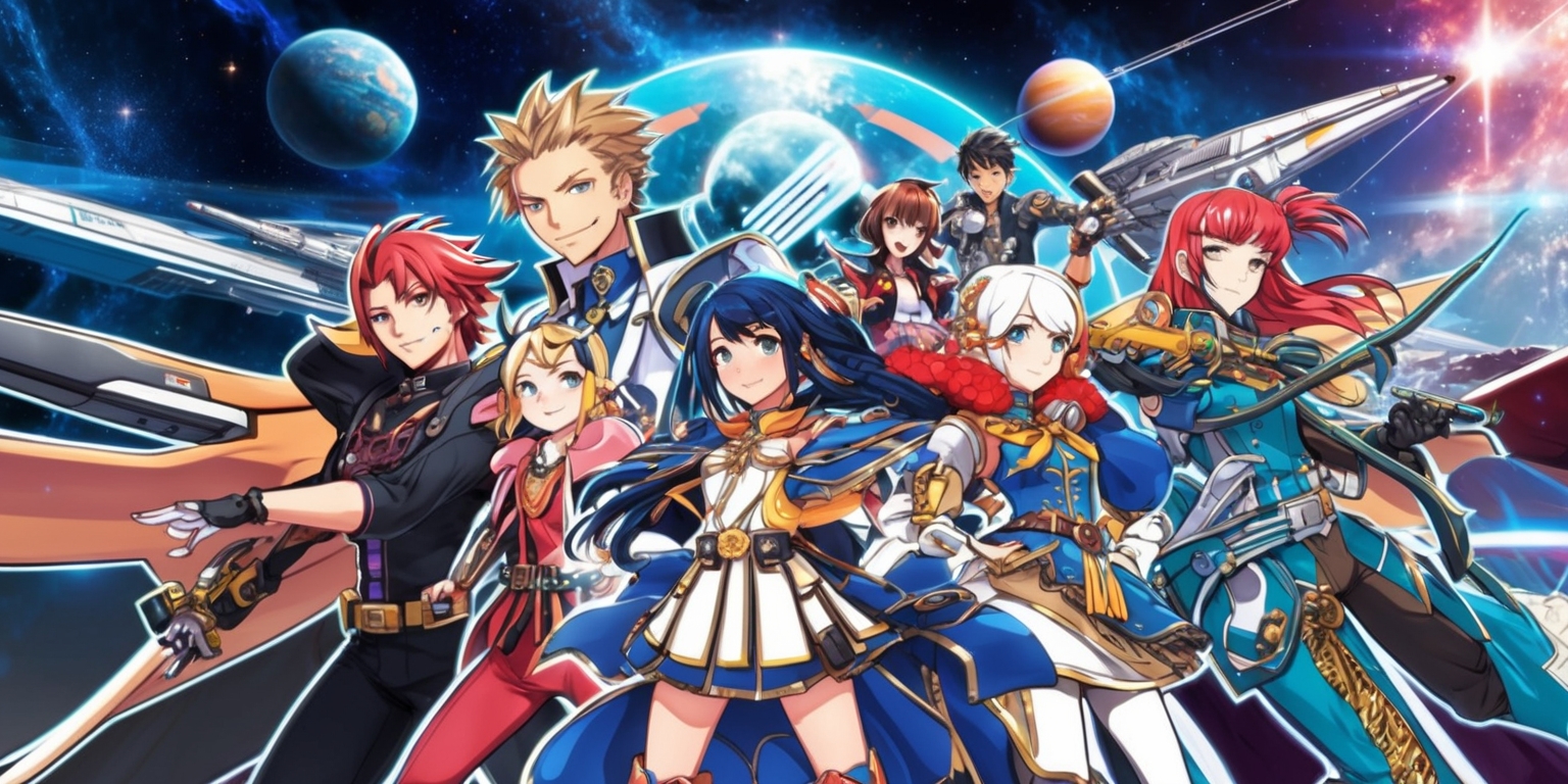 A vibrant futuristic scene from the Honkai Star Rail game, featuring a group of characters with distinctive outfits and hairstyles, set against a stunning cosmic background with stars, planets, and spaceships, in a style that blends sci-fi and anime elements, with bold lines, bright colors, and dynamic poses, capturing the essence of adventure and exploration in a detailed digital art piece with a sense of movement and energy, the characters' facial features and skin colors are meticulously rendered, with intricate textures and patterns on their clothing and accessories, the overall composition is balanced and visually striking, with a mix of cool and warm hues that evoke a sense of excitement and discovery.