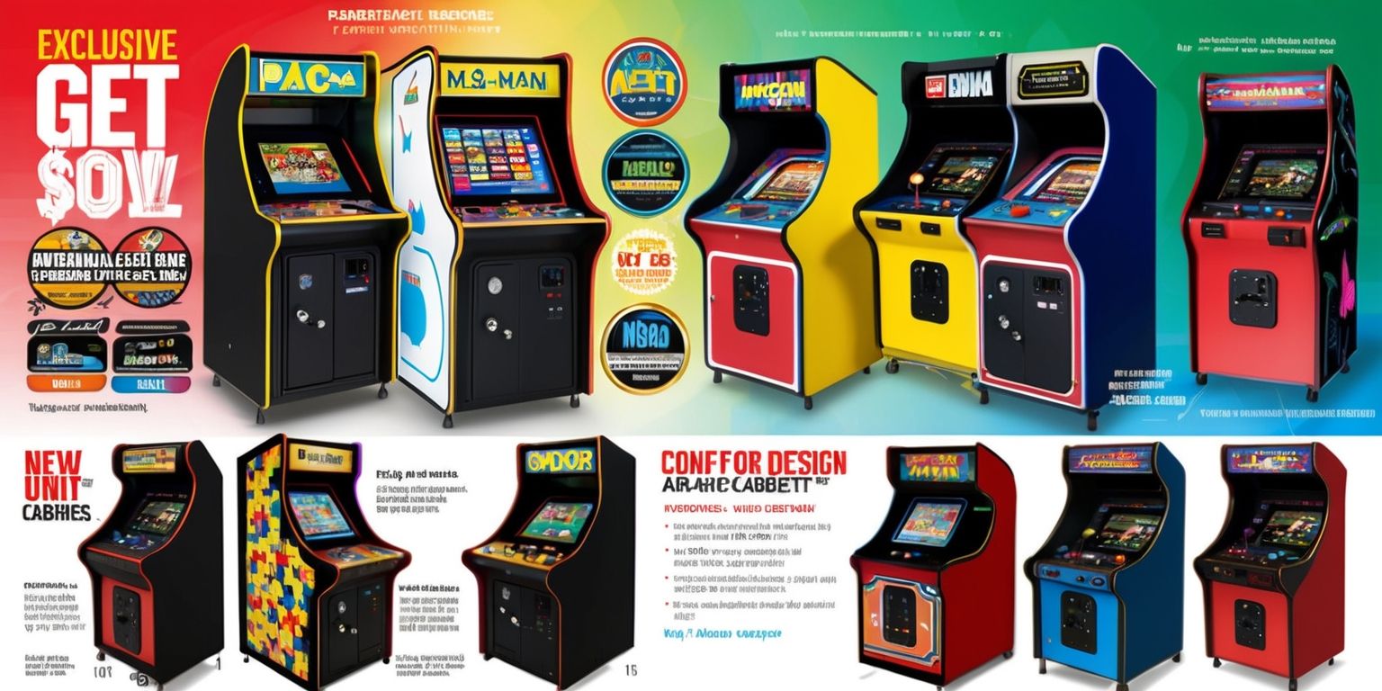 Retro Arcade Cabinets product line featuring a range of modern units with classic arcade aesthetics, including nods to iconic games like Pac-Man, Ms. Pac-Man, Mortal Kombat, NBA Jam, and more, with upgraded technology and features such as online leaderboards, HD displays, and enhanced audio, showcased in a detailed promotional setting with vibrant colors, bold fonts, and dynamic layouts, highlighting exclusive deals and discounts, meticulous engineering, and versatile design options, from full-standing cabinets with sleek lines and vibrant artwork to countertop models with compact designs and nostalgic charm, blending nostalgia and modern functionality in a unique and captivating visual presentation.