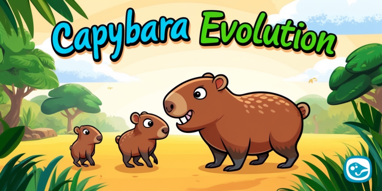 A whimsical digital illustration depicting the evolution of capybaras in a video game scenario, set against a warm, sunny background with lush greenery and a few fluffy clouds, evoking a sense of curiosity and adventure. The capybara characters are showcased in various stages of evolution, from a tiny, furry creature with large eyes and ears to a stronger, more mature capybara with a few distinctive characteristics such as webbed feet and a prominent teeth. The illustration style is reminiscent of a cartoon, with bold lines, vibrant colors, and textured elements, blending traditional and digital media. The title Capybara Evolution is emblazoned across the top in playful, cursive font with a mix of bright blues and greens, while the game's logo, a stylized capybara silhouette, is subtly integrated into the corner of the image, adding a touch of modernity and sophistication.