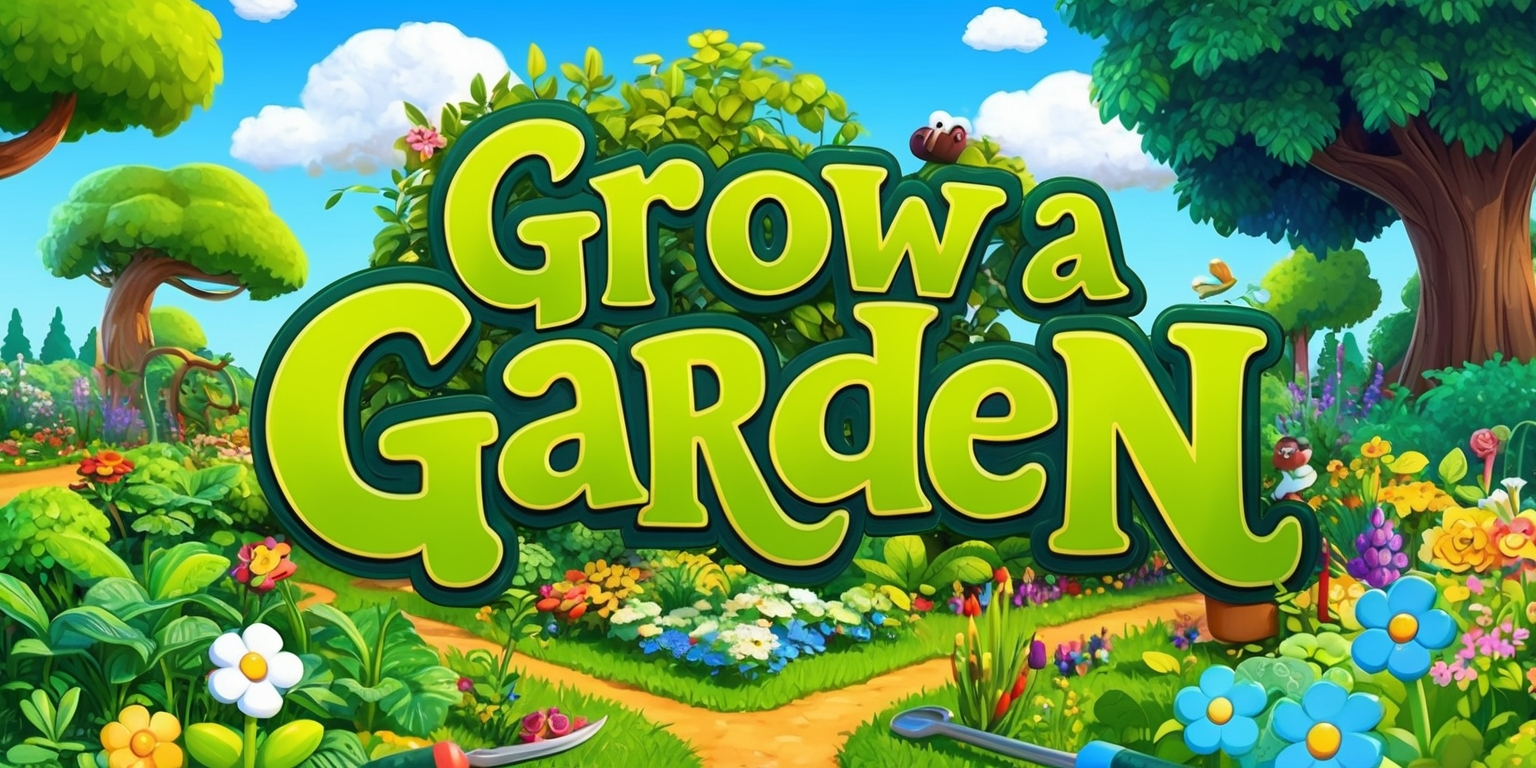 A vibrant and colorful illustration of a whimsical garden scene for the Grow a Garden game, featuring a variety of lush green plants, blooming flowers, and towering trees, with a bright blue sky and fluffy white clouds in the background, the game's title Grow a Garden prominently displayed in bold, curly green letters with golden outlines, surrounded by cartoonish gardening tools and smiling flowers, the overall style is playful and inviting, with intricate details and textures, the layout is balanced and harmonious, with plenty of negative space to create a sense of depth and wonder, the color palette is fresh and natural, with shades of green, blue, yellow, and purple, evoking a sense of growth and serenity.