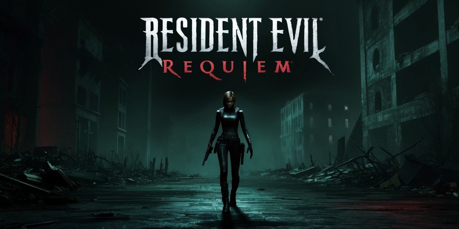 A dark and ominous scene from the Resident Evil Requiem game, with a haunting atmosphere, featuring a lone figure, likely Jill Valentine or Chris Redfield, standing heroically in the center, wearing a sleek black outfit, with a determined expression on their face, set against a dimly lit, ruined cityscape, with destroyed buildings and littered debris in the background, and a hint of eerie green and red hues, with the game's logo, a bold, gothic font with the words Resident Evil Requiem, emblazoned across the top of the image in a metallic silver color, and a sense of foreboding and dread emanating from the entire scene.