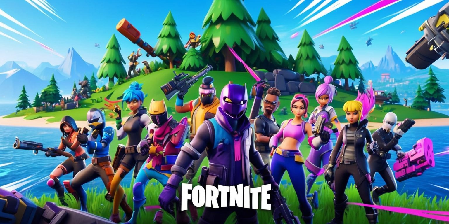 A vibrant digital illustration of the popular Fortnite game, featuring a chaotic battle royale scene with colorful characters, weapons, and obstacles, set against a backdrop of a stylized island landscape with lush green forests, tall trees, and distant mountains, the characters showcasing diverse outfits, skins, and accessories, with dynamic lighting effects, bold lines, and textures, the overall atmosphere exuding excitement, energy, and playful competition, with a subtle hint of futuristic and fantasy elements blended into the scene.