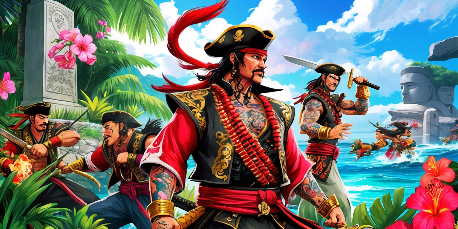 A vibrant and action-packed illustration depicting the Yakuza pirates, inspired by the popular video game series Like a Dragon, set against the stunning backdrop of Hawaii. The pirates, adorned in elaborate, intricately designed tattoos and traditional Japanese attire with a Hawaiian twist, are surrounded by lush greenery, exotic flowers, and monumental stone statues. One of the main characters, possibly Kiryu Kazuma or Ichiban Kasuga, stands boldly at the forefront, gazing out at the ocean with a determined expression, while others engage in intense combat or revel in the tropical scenery. The color palette blends traditional Japanese hues of cherry blossom pink, samurai red, and gold with the radiant blues and greens of Hawaii's tropical landscape. The atmosphere is dynamic, capturing the excitement and drama of the game, with bold brushstrokes and vivid textures that evoke a sense of energy and movement.