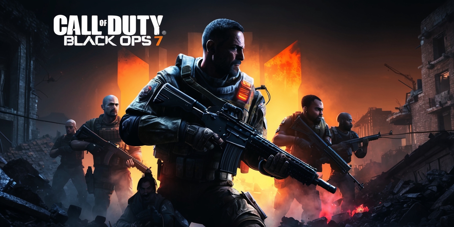 A gritty, high-contrast, first-person shooter game screenshot from Call of Duty: Black Ops 7, featuring a dark and ominous urban environment with destroyed buildings, rubble, and smoke, set at dusk with a warm orange glow on the horizon, the main character, a soldier with a determined facial expression, worn tactical gear, and a powerful assault rifle, stands in the center, surrounded by teammates with various skin colors and unique attributes, such as scars, tattoos, and different hairstyles, in the background, a massive explosion illuminates the dark sky, with a bold, sans-serif font displaying the game's logo in a metallic silver color, and a hint of red glow emanating from the weapons and explosions, the overall mood is intense and chaotic, with a focus on the action-packed gameplay and the soldiers' bravery.
