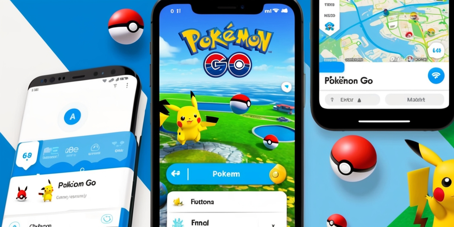 A screenshot of the Pokémon GO app on a modern smartphone, with a bright and colorful interface featuring the iconic Pokémon logo at the top, a GPS-enabled map in the background, and various interactive elements such as buttons, menus, and Poké Balls scattered throughout the screen. The app's background colors are a mix of blues and whites, evoking a sense of adventure and exploration. The font style is clean and modern, with bold headings and easy-to-read text. A few Pokémon characters, such as Pikachu or Charmander, are visible on the screen, with detailed illustrations and vibrant colors. The overall aesthetic is fun, lively, and engaging, capturing the essence of the popular mobile game.