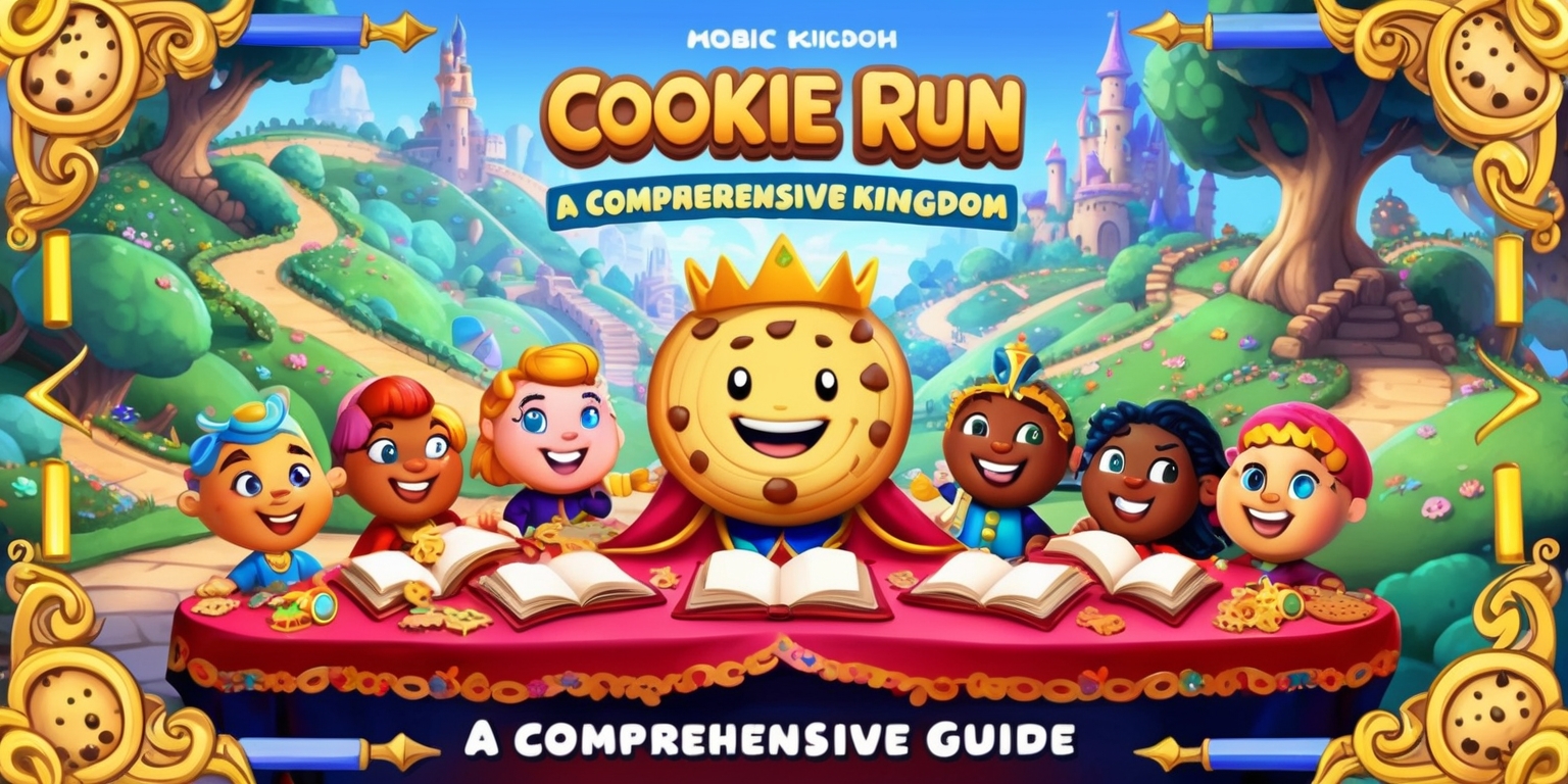A colorful and vibrant illustration of a fantastical kingdom, inspired by the popular mobile game Cookie Run, serving as a comprehensive guide for players. The background depicts a whimsical landscape with rolling hills, towering trees, and meandering pathways. In the foreground, a group of cheerful cookies, each with distinct facial features and vibrant skin tones, gather around a grand, ornate table. They are surrounded by open books, scrolls, and sparkling treasures. A majestic cookie, possibly the captain, stands at the center, with a confident smile and a gleaming crown. The tablecloth is adorned with intricate patterns and Cookie Run's iconic logo in bold, golden lettering. The entire scene is framed by ornate, golden borders with subtle cookie-themed motifs. The atmosphere is lively, with a sense of adventure and discovery, inviting players to dive into the comprehensive guide.