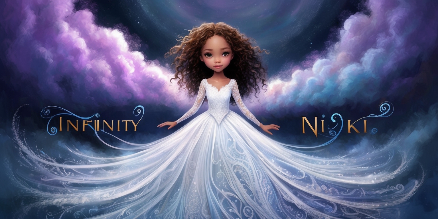 A hauntingly beautiful illustration of the mystical world of Infinity Nikki, with Nikki herself standing in the center, surrounded by swirling clouds of purple and blue mist that fade into infinity, her long, curly hair flowing in the wind, her bright, curious eyes shining with a sense of wonder, her skin a radiant, porcelain-like complexion, dressed in a flowing white gown with intricate, swirling patterns that evoke a sense of otherworldly magic, the overall atmosphere dreamy and ethereal, with soft, feathery brushstrokes and delicate, lace-like details, as if painted on antique parchment, with subtle, shimmering highlights that evoke a sense of mystery and enchantment, set against a background of deep, starry night sky with hints of saffron and lavender, inviting the viewer to step into the infinite possibilities of Nikki's world.