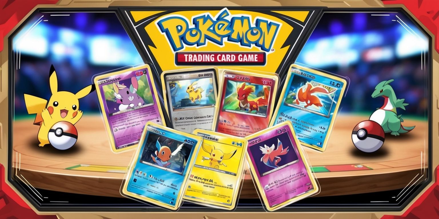 A detailed illustration of a Pokémon Trading Card Game setup, featuring a variety of cards with distinct characters, including Pikachu and Charizard, with vibrant colors and bold typography, set against a backdrop of a wooden table with a blurred tournament environment, with a few cards slightly overlapped and others standing upright, and a Poké Ball or two nearby, surrounded by a subtle border with the Pokémon logo, a stylized font with the words Pokémon Trading Card Game written in a curved line above the cards, in a dynamic and action-packed style, with a mix of digital and hand-drawn elements, and a bright and eye-catching color scheme, with the cards and logo taking center stage.