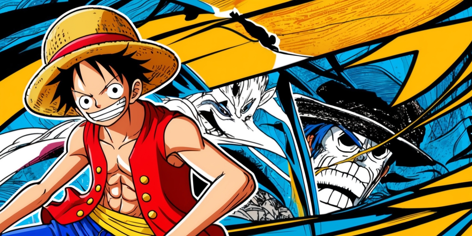 A vibrant and dynamic illustration inspired by the popular manga series One Piece, featuring a prominent character, possibly Monkey D. Luffy, with his signature straw hat, red vest, and blue trousers, set against a stylized background with bold lines, vibrant colors, and exaggerated textures, blending traditional Japanese aesthetics with a modern anime style, with a focus on energetic poses, intense facial expressions, and dramatic shading, capturing the essence of the series' adventurous and humorous spirit.