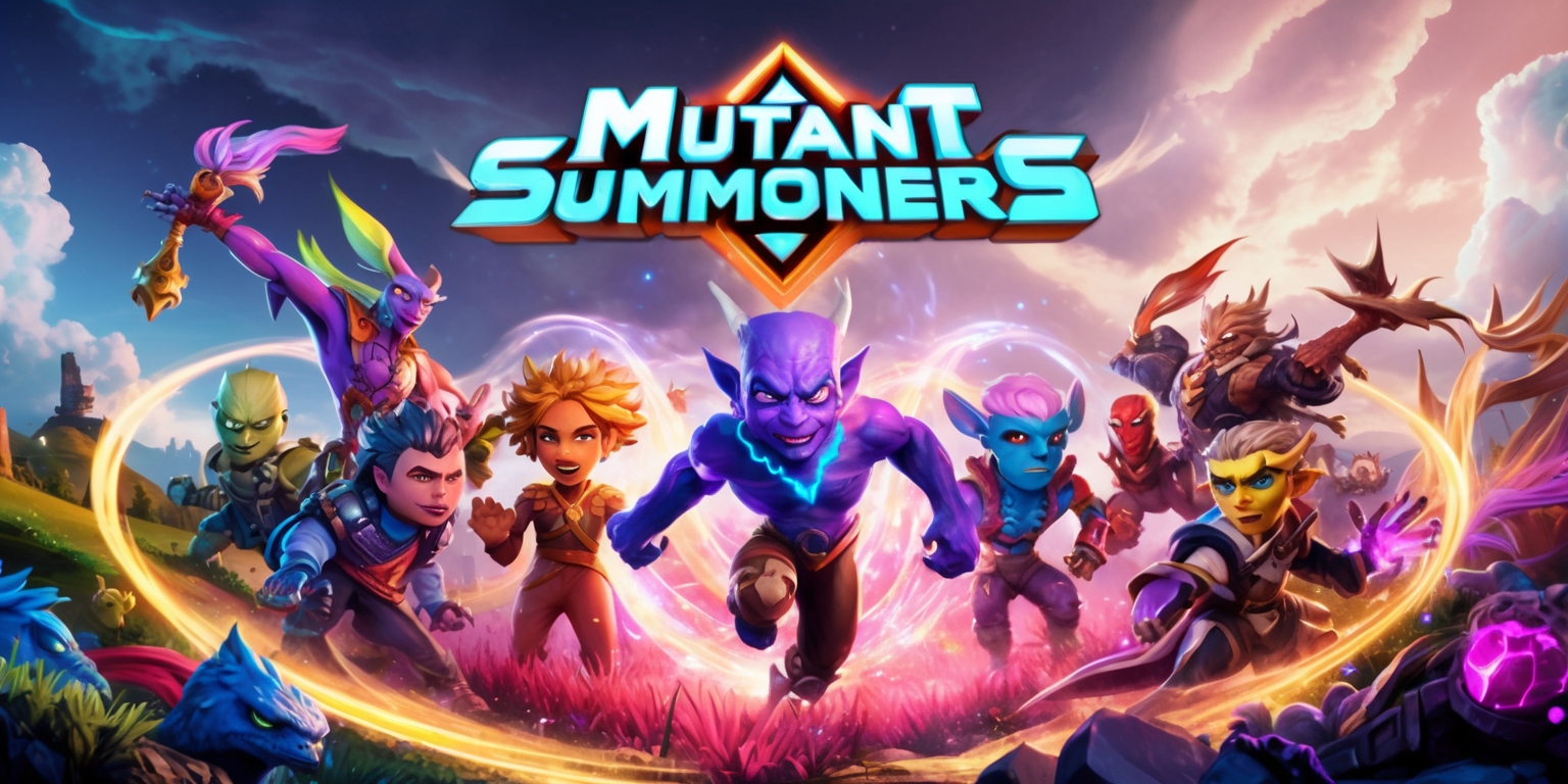 A colorful digital artwork depicting a scene from the Mutant Summoners game, with a vibrant fantasy landscape, intricate details, and a mix of magical creatures, featuring a group of unique mutant characters with diverse facial features, skin colors, and attributes, standing in a heroic pose, surrounded by mystical elements, glowing aura, and dynamic lighting, set against a dramatic sky with fluffy white clouds, with the game's logo prominently displayed in a bold, futuristic font, in a bright, eye-catching color scheme, with the summoners and mutants showcased in a cinematic composition, with a sense of action, adventure, and excitement, incorporating a sense of depth, texture, and visual interest, with intricate lines, shapes, and patterns, blending fantasy and science fiction elements, in a visually stunning and immersive environment.