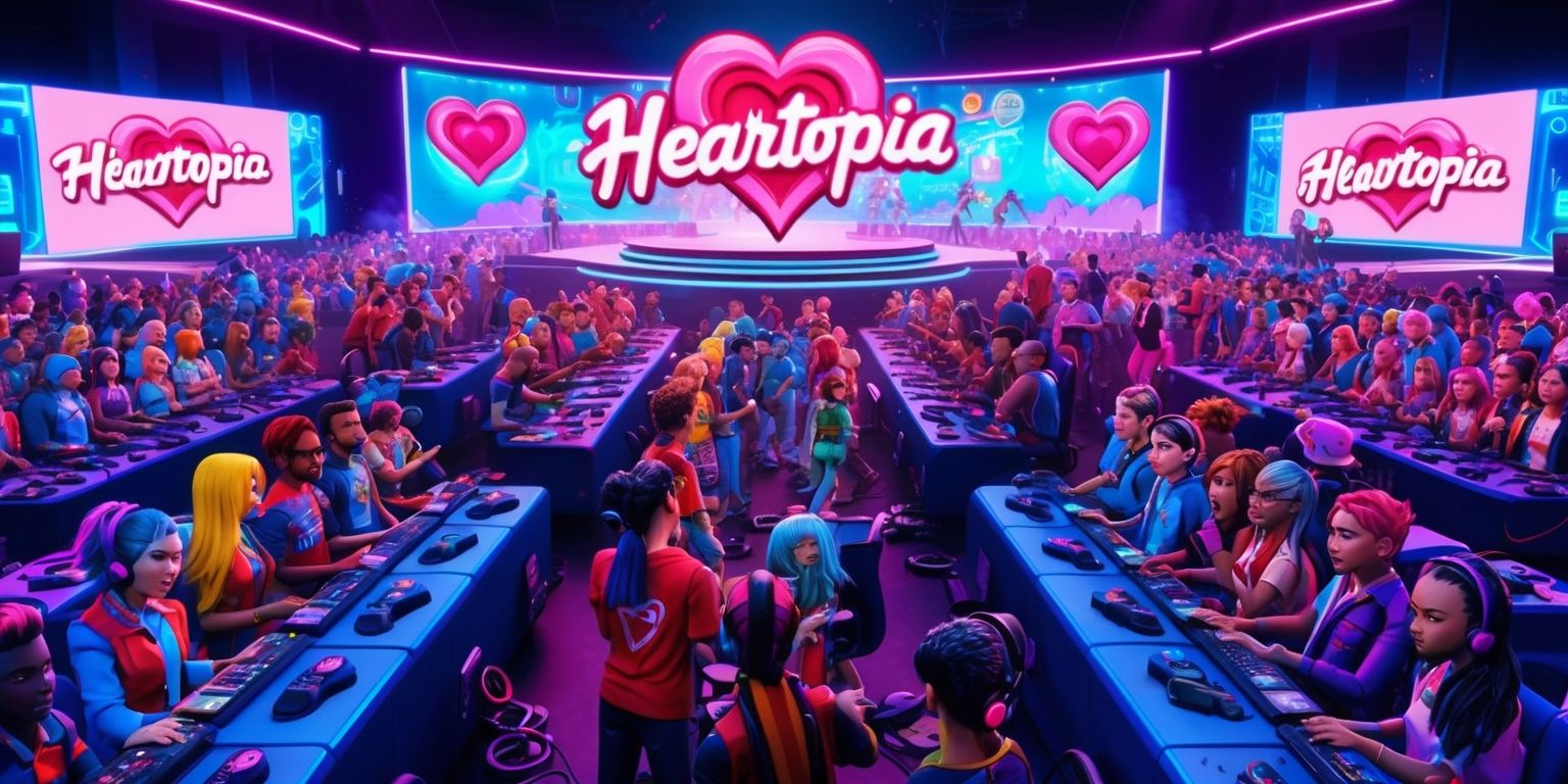 A vibrant and lively scene depicting the Heartopia game event, with a multitude of players gathered around console stations, their faces filled with excitement and anticipation, featuring a variety of skin colors and unique attributes, such as brightly colored hair and stylish clothing, set against a backdrop of neon lights and giant screens displaying the game's colorful graphics, with a prominent stage in the center showcasing the game's logo, a stylized heart symbol in bold, cursive font, surrounded by slogans and taglines in a futuristic, metallic font style, and a sea of controllers, headphones, and other gaming accessories scattered throughout the area, all bathed in a kaleidoscope of colors, including blues, pinks, and purples, with a sense of energy and competition palpable in the air.